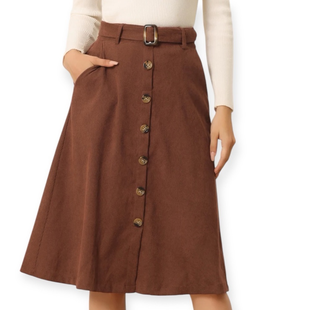 Allegra K High Waist Button Front Belted Corduroy A-Line‎ Midi Skirt